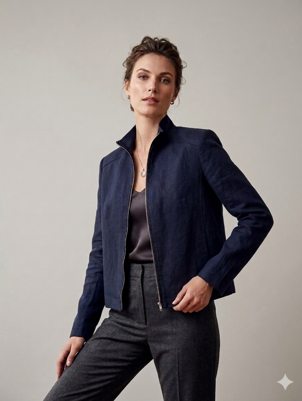 Navy Blue 100% Linen Zip Front Blazer Jacket Lightweight